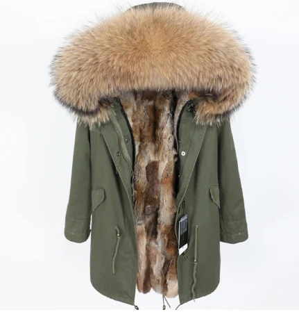 Плотное пальто с натуральным мехом Куртка с капюшоном и большим воротником из меха енота Съемная подкладка из кроличьего меха зимняя парка модная женская одежда - Цвет: 17