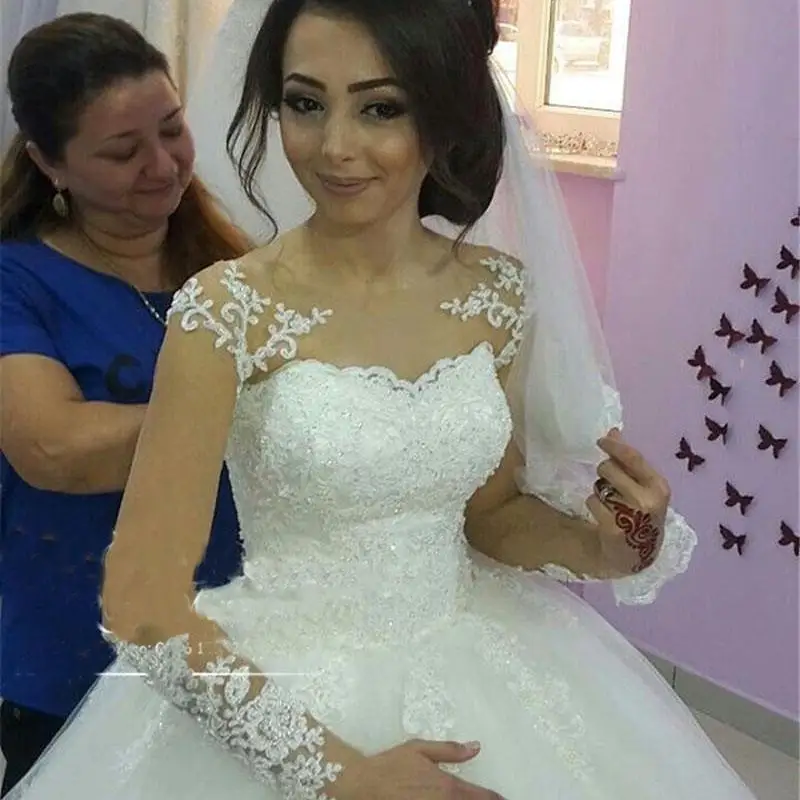 

Modest Plus Size Ball Gown Wedding Dresses Lace Long Sleeve Sequined Victorian Arabic African Robe De Soriee Bridal Gowns