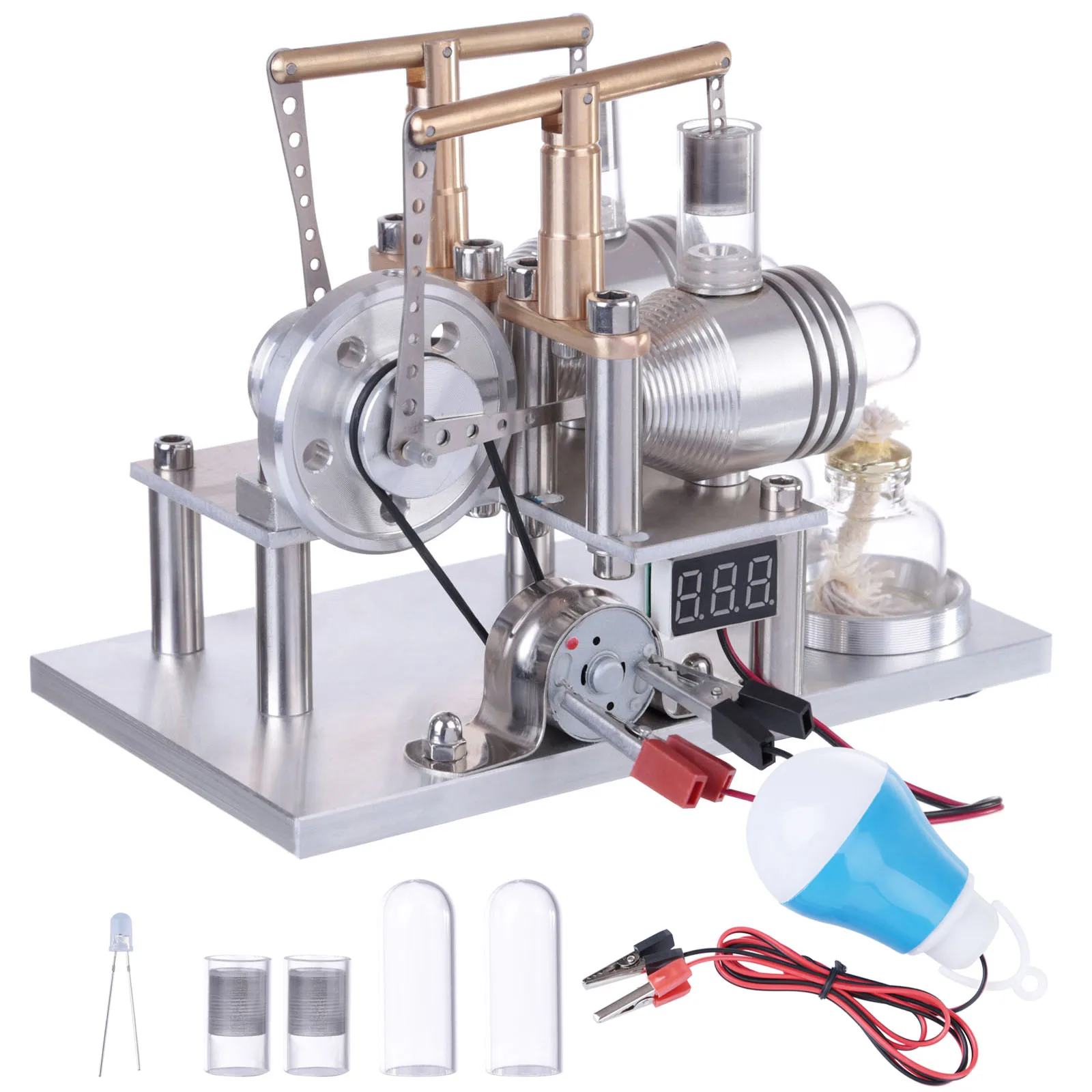 (Customized)Balanced Two-cylinder Hot Air Stirling Engine Generator Model Science Experiment Toy with Voltage Meter LED Bulb
