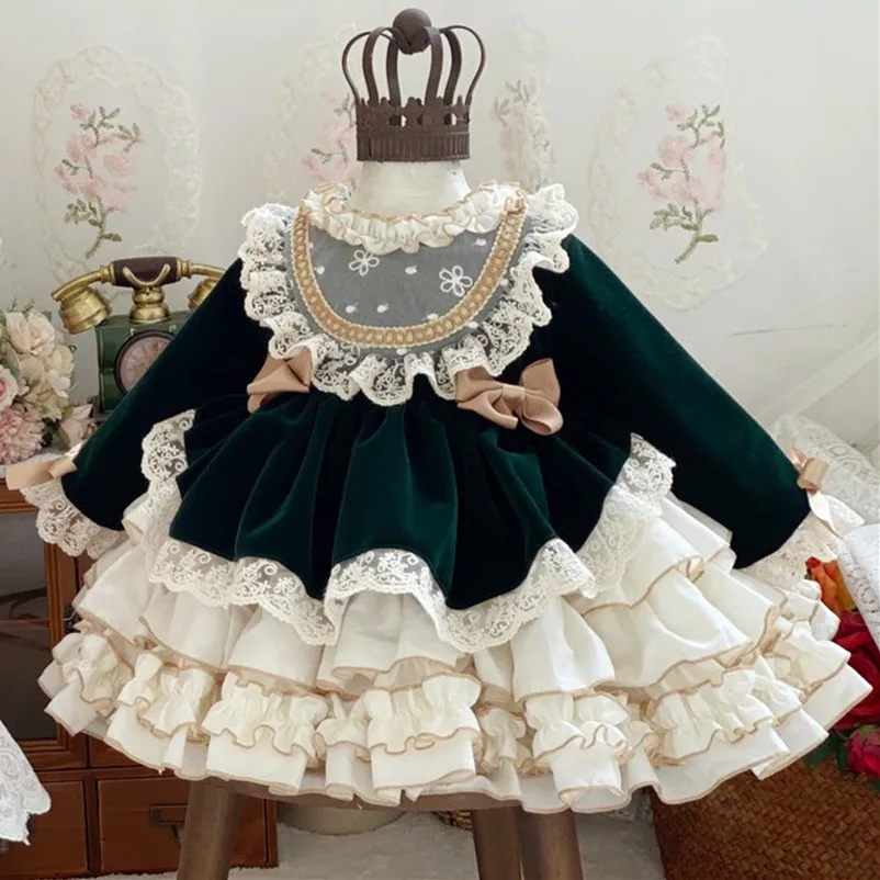 

Baby Children Vintage Spanish Clothes Girl Autumn Winter Green Velvet Pompom Ball Princess Lolita Dress Party Birthday