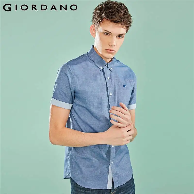 Giordano Оксфорд рубашка с короткими рукавами slim fit и вышивкой лягушки на груди