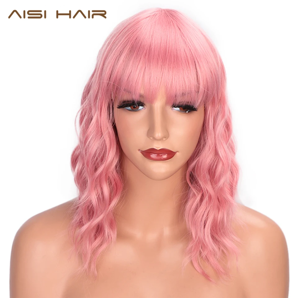 

AISI HAIR Short Wavy Wig with Bangs Natural Pink Hair Synthetic Bob Wig for Black Women Heat Resistant Cosplay Wigs
