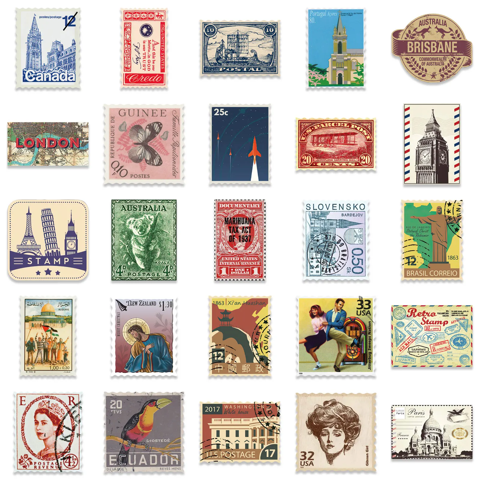 25/50PCS Vintage Stickers Retro Stamp Style Diary Planner Decorative Scrapbooking Stickers Craft Stickers Kids Toys
