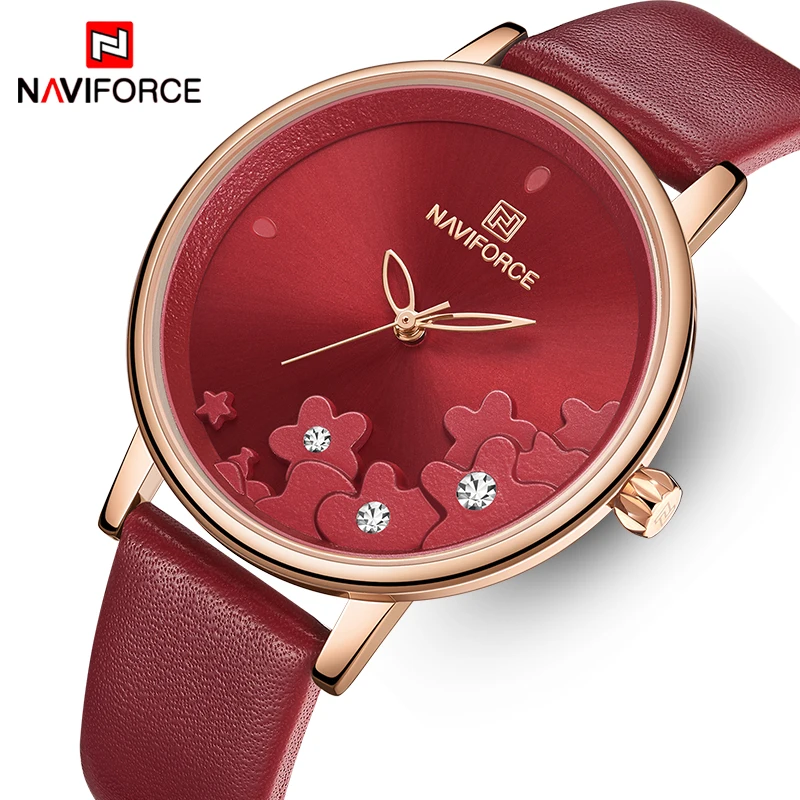 Tanie NAVIFORCE zegarek dla kobiet wodoodporne skórzane zegarki luksusowy kwiat zegarek kwarcowy kobieta zegar Reloj Mujer Charms panie prezent