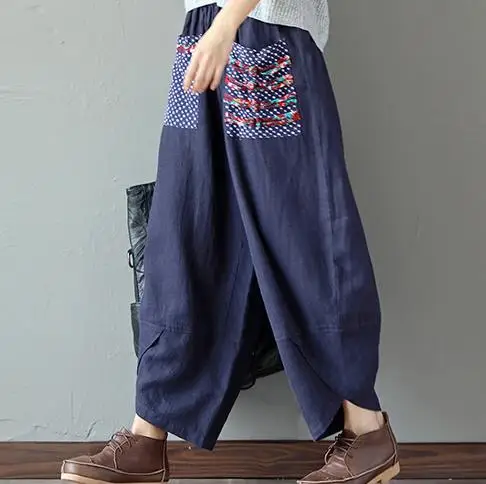 Pantalon femme Этническая винтажная эластичная талия широкие брюки женские льняные хлопковые брюки длиной до щиколотки повседневные брюки палаццо X90