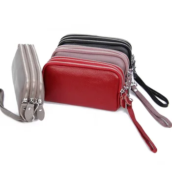 

First layer cowhide new three layer ladies clutch bag long wallet multifunctional lychee pattern leather mobile phone bag
