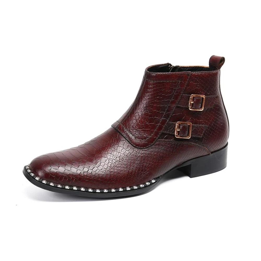 Autumn Winter Leather Chelsea Boots Men High Top Shoes British Classic Ankle Boots Wine Red Crocodile Leather Short Boots