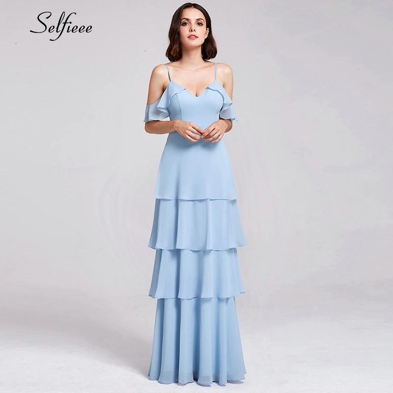 Элегантное, длинное, шифоновое платье в богемном стиле, модное, с v-образным вырезом, с оборками, с тонкими лямками, многослойное, макси платье, сексуальное, женское, вечернее платье, Robe Femme - Цвет: Blue