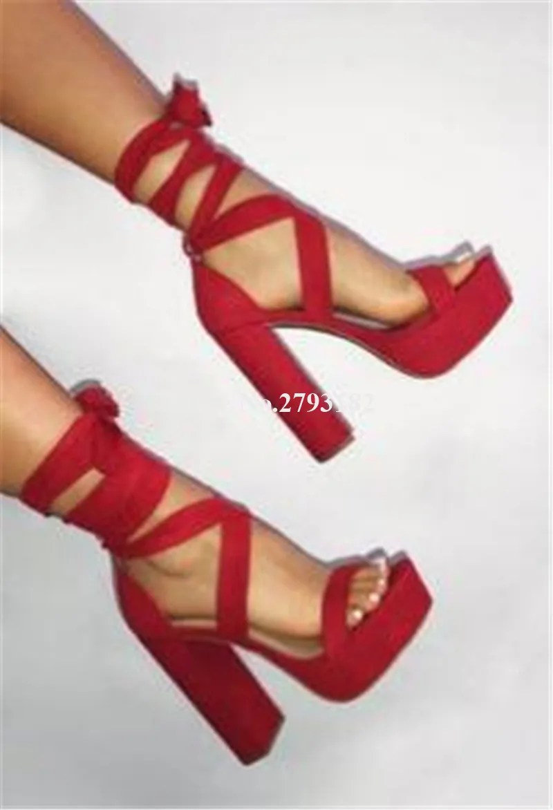 

Women Cute Fashion Open Toe Suede Leather High Platform Chunky Heel Sandals Red White Strap Cross High Heel Sandals Dress Heels