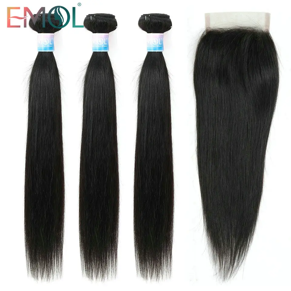 

Emol Brazilian Straight Hair Bundles With Closure 100% Human Hair Weave Bundles With Closure Non-remy Hair Extensions