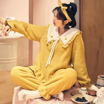 

Women's Pajamas Winter Thicken Plus Velvet Warm Pyjamas Suit Female Solid Cute Ruffle Bow Top Pants Two Piece Homewear Ladies