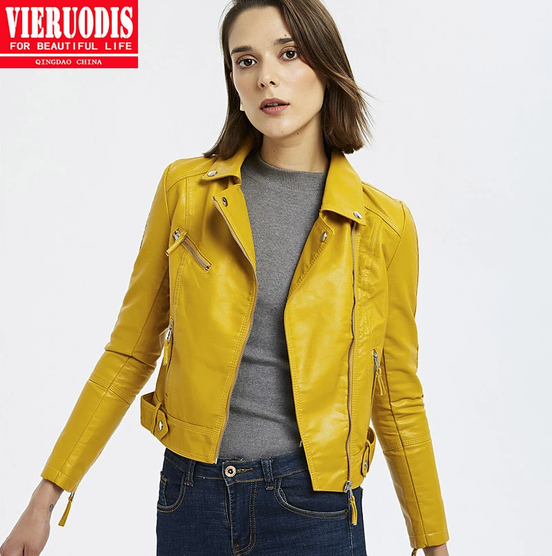 Alta calidad suave blanco rojo amarillo negro chaqueta de cuero corta Mujer 2019 FU Streetwear abrigo con fajas cremalleras Chamarra Mujer|Chaquetas de cuero| -