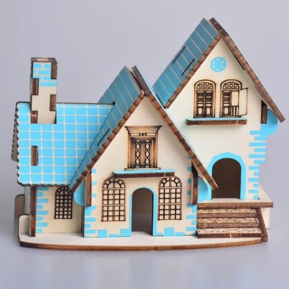 

Lychee Life 3D Wooden Puzzle Model Blue Cabin Model DIY Children Wood Craft Kits Home Desk Decoration