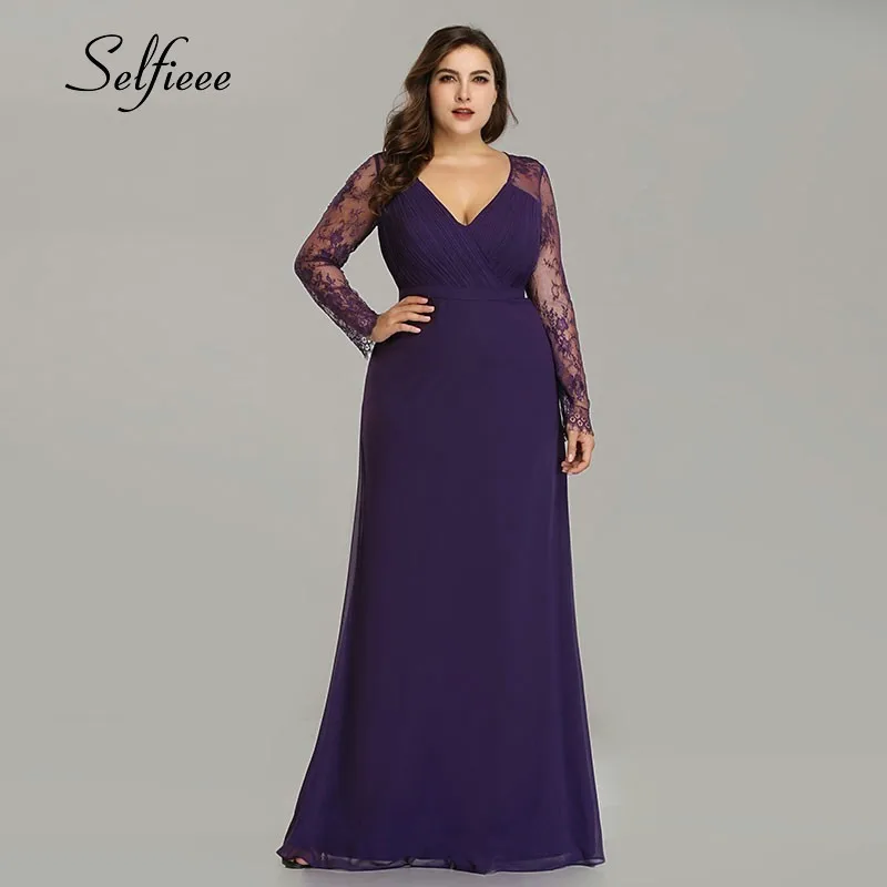 

Plus Size Elegant Dresses A-Line V-Neck Lace Full Sleeve Party Gowns Women Evening Formal Sexy Vintage Summer Dresses 2019