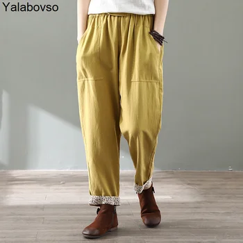 

Solid Color Flax Linen Harem Pants Female 2020 Spring Straight Tube Trousers Loose Floral Turn Over Edge Clothes Z2