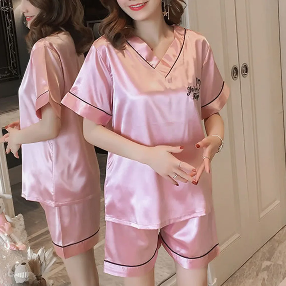 

Women Pajama Suit Young Girl Two Piece Sets Top+Shorts Home Indoor Wear Pullover Pink Simple Real Silk Casual Set 2020 Summer