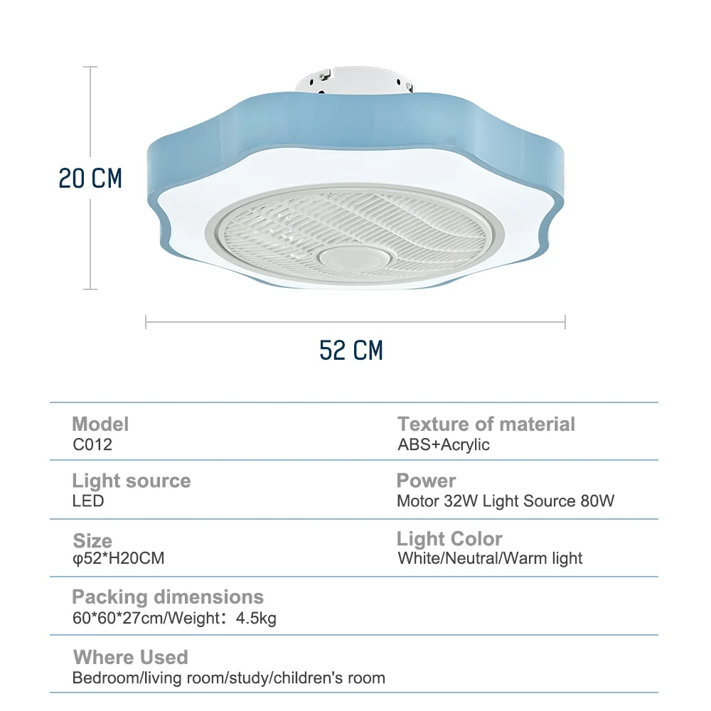 Modern Nordic Simple Ceiling Fan Light Acrylic LED Smart Mute Remote Dimming AC 220V Children's Bedroom Ceiling Light