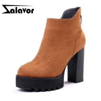 

ZALAVOR Women Platform Boots Ankle Real Leather Shoes Woman Warm Fur Boots High Heels Fashion Ladies Zipper Shoes Size 34-39