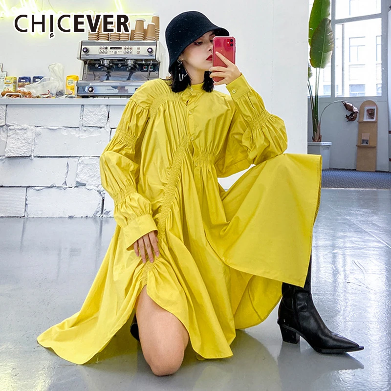 CHICEVER корейское платье с рюшами женское воротником стойкой пышными длинными