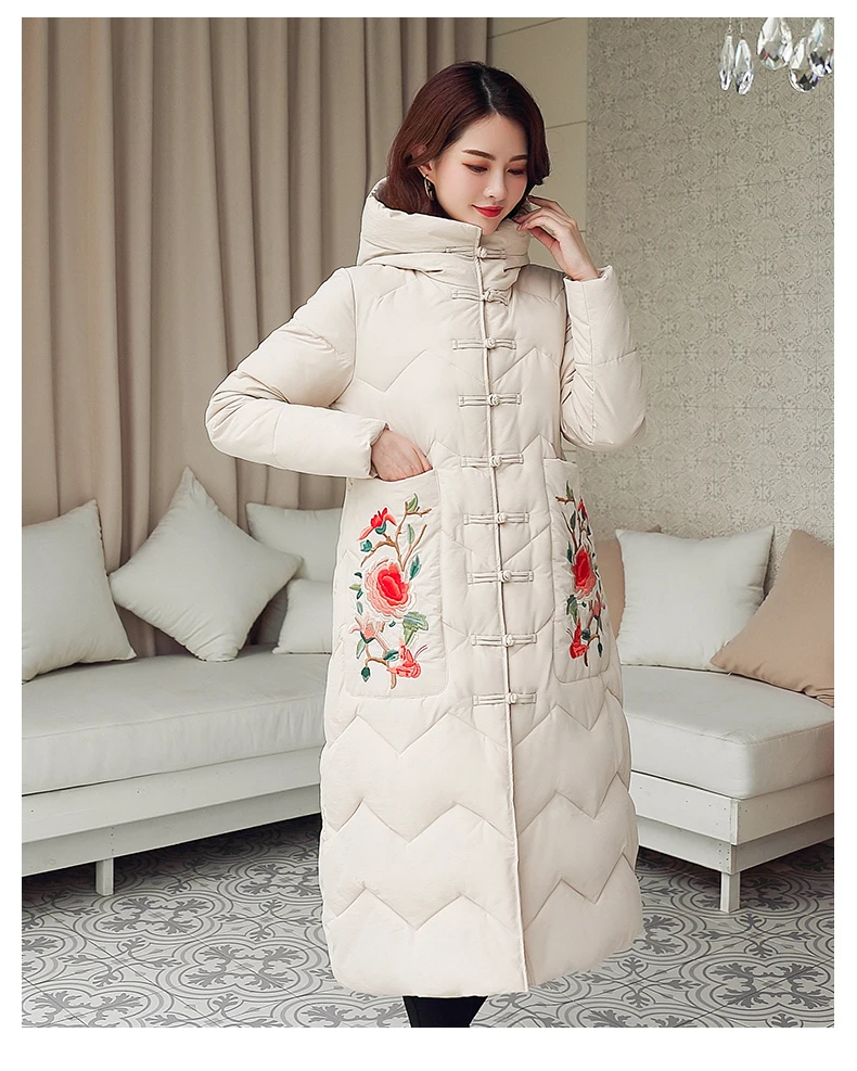 SWREDMI повседневное зимнее пальто для женщин утепленные парки вышивка цветочный куртки для женщин с капюшоном длинная теплая одежда