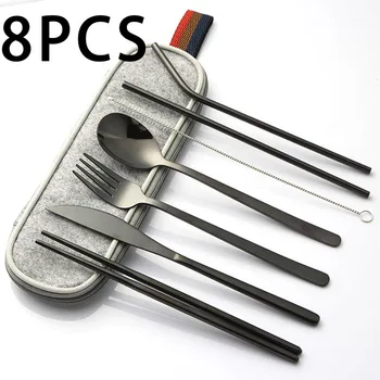 

8pcs/Set Stainless Steel Fork Spoon Cutlery Chopsticks Curved Straw Portable Travel Camping students lunch
