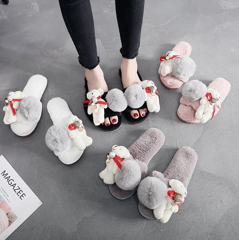 Spring Plush Slipper Women's Outer Wear New Style Flat Plush Slippers Fashion Soft Girl Flat Korean-style Cotton Slippers