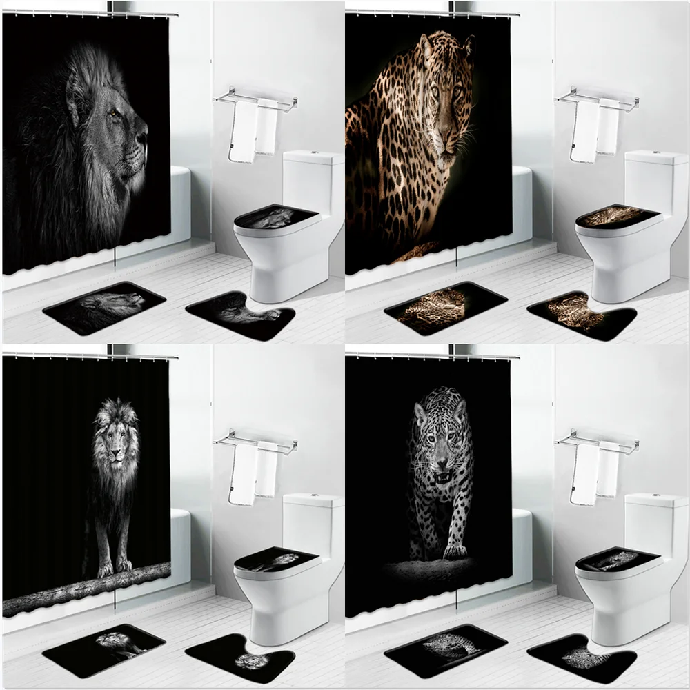 

Africa Animal Shower Curtains Leopard Lion Tiger Giraffe Print Bathroom Curtain Set Non-Slip Carpet Toilet Cover Rug Kitchen Mat