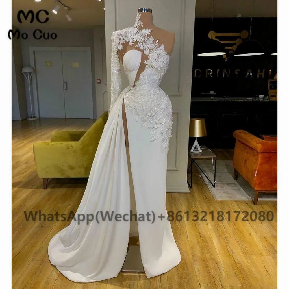 

2023 White Prom Evening Dresses with Appliques Lace High Slit One Shoulder Satin Women's Prom Gown Custom Made