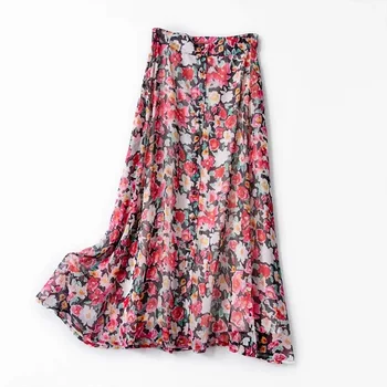 

Women Skirt 2020 Summer New Dress Fashion Oil Painting Rose Print Button Midi Skirt