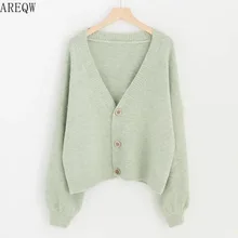 Женская вязаная куртка с рукавом-фонариком и v-образным воротником, весна-осень, женский кардиган, свитер, короткие свободные кардиганы