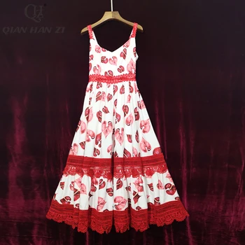 

Qian Han Zi Designer Fashion Summer Dress Women Spaghetti Strap Sexy Lace Print Midi Dress