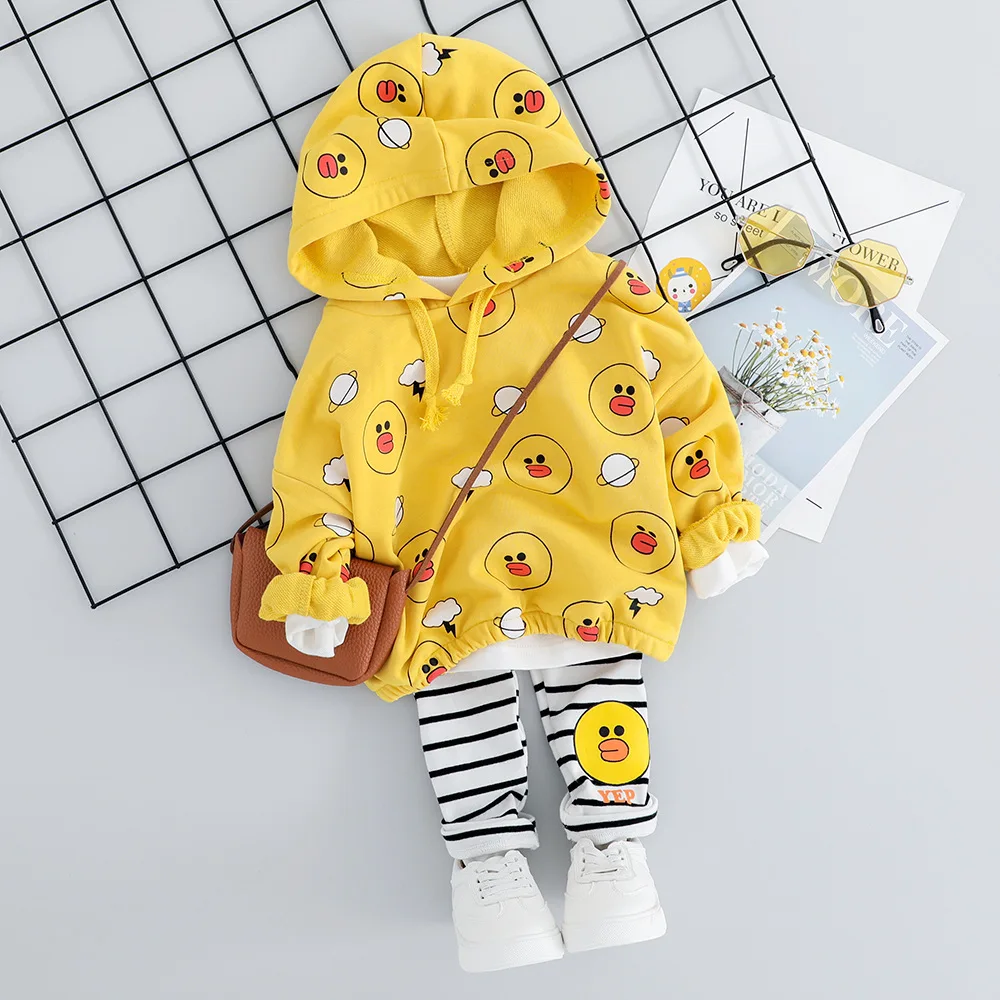 Осенний костюм для новорожденных с героями мультфильмов толстовка с капюшоном+ леггинсы в полоску комплект из 2 предметов для маленьких девочек повседневный комплект одежды для малышей возрастом от 1 года до 3 лет - Цвет: duck Yellow