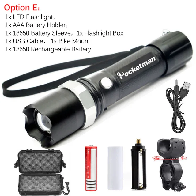 6000 Lums ультра яркий светодиодный тактический флэш-светильник светодиодный фонарик USB XM-T6 масштабируемый 5 режимов питания велосипедный светильник 18650 перезаряжаемый - Испускаемый цвет: package E