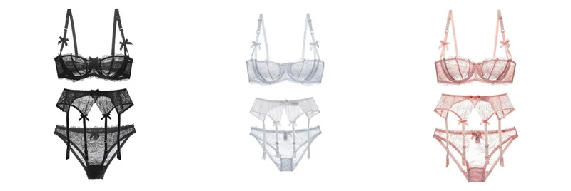 Sexy Lace Ultra-Thin-Transparent Non-Pad 1/2 Half Cup Bra Suit 3 Pieces