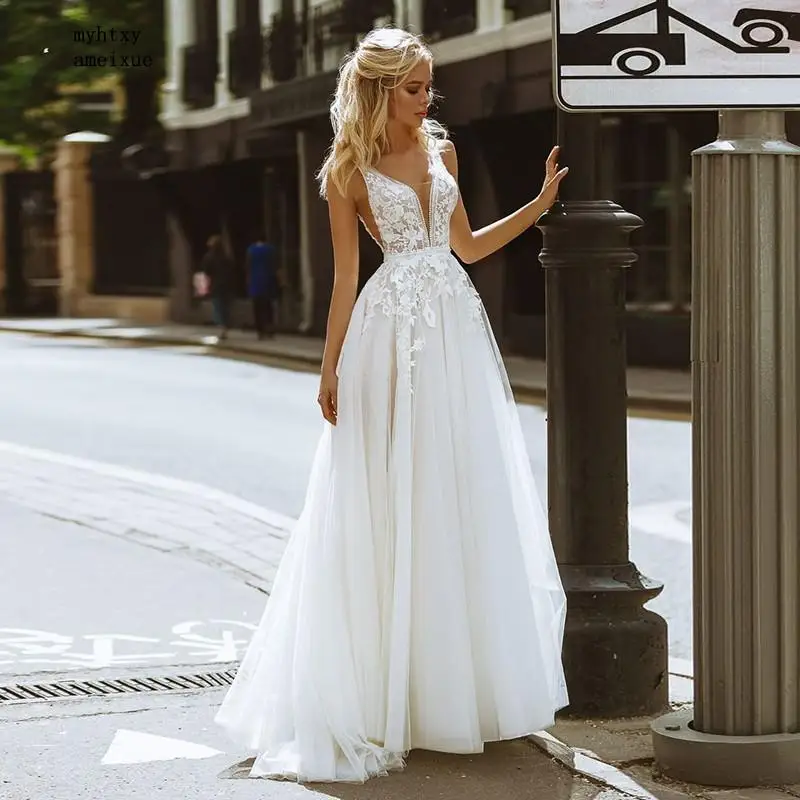 

Sexy Elegant Boho White Wedding Dresses 2023 V Neck Lace Appliques A-line Tulle Simple Plus Size Bridal Gown Beach Dress