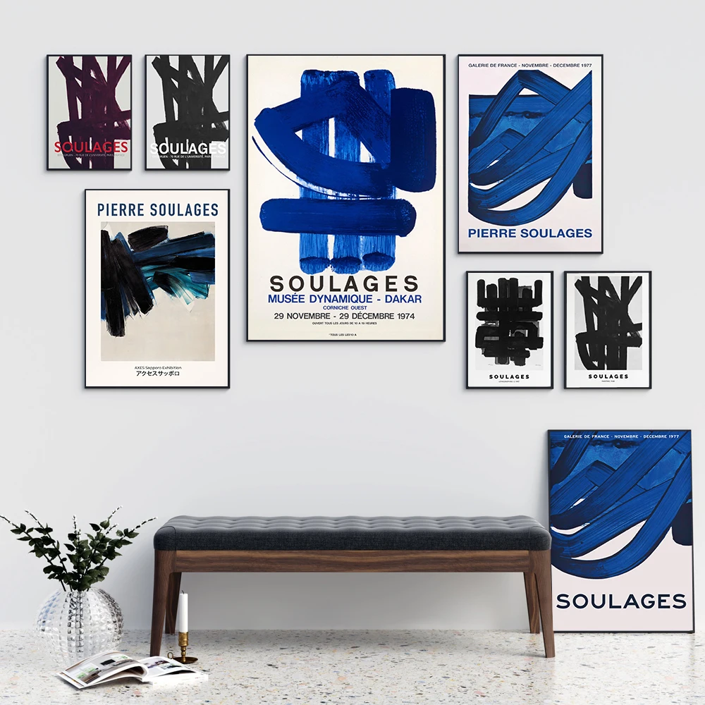 Pierre Soulages Mostra Murale In Bianco E Nero Art Poster Museo Tela Pittura Stampa Astratta Decorazione Domestica Moderna