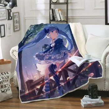 

Hatsune Miku Funny Character Blanket 3D Print Sherpa Blanket on Bed Home Textiles Dreamlike Style 10