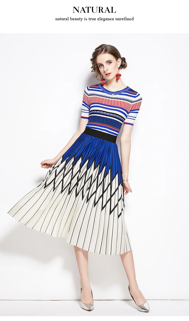New Arrival Summer Stripe Knit Tops and Printed A-line Long Skirt Two piece Sets Women Runway Design Fashion Knit Set Suit