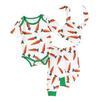

Sale Baby Summer Short Sleeve Printed Outfits Casual Boys Girls Carrot Printed Bodysuit Long Pants Hat 3Pcs Clothes Set D30