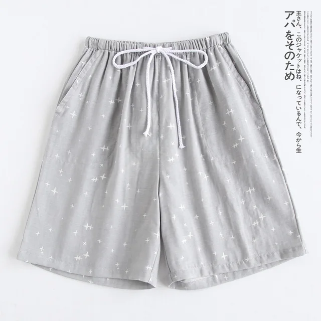 Couple pajamas summer cotton gauze shorts Japanese style simple elastic waist casual large size lattice men and women home pants Mens grey stars