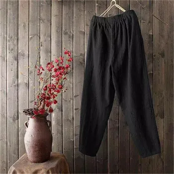

Men High waist Elastic Cropped pant Summer Casual Loose Pants Soft Cotton Linen Ankle-Length Pants Men Straight Pants Streerwear