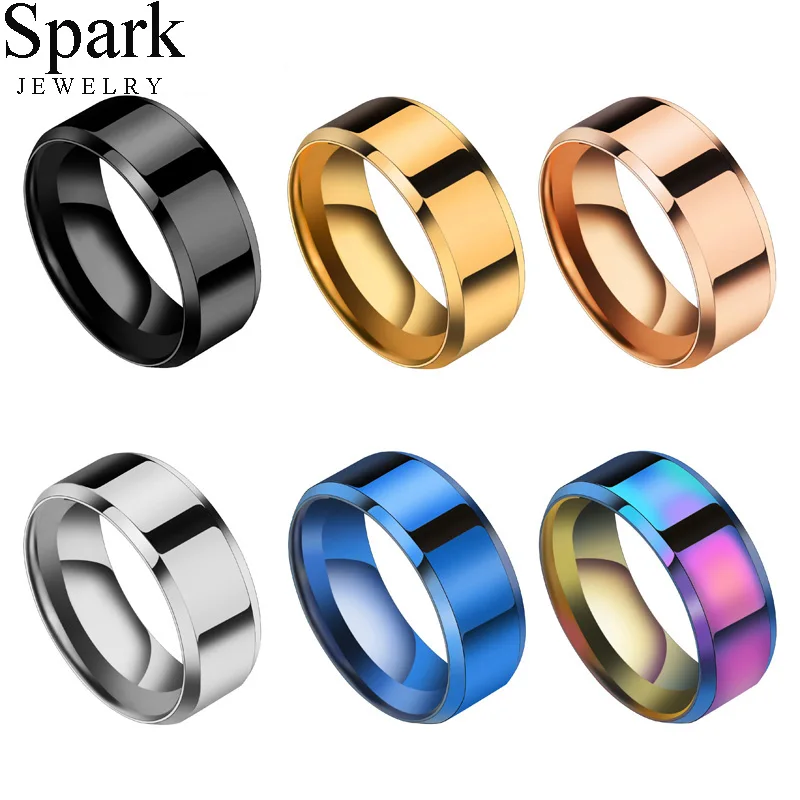 Spark-anillos de titanio de acero inoxidable para hombre y mujer, anillo sencillo de oro rosa de Arco Iris azul negro pulido