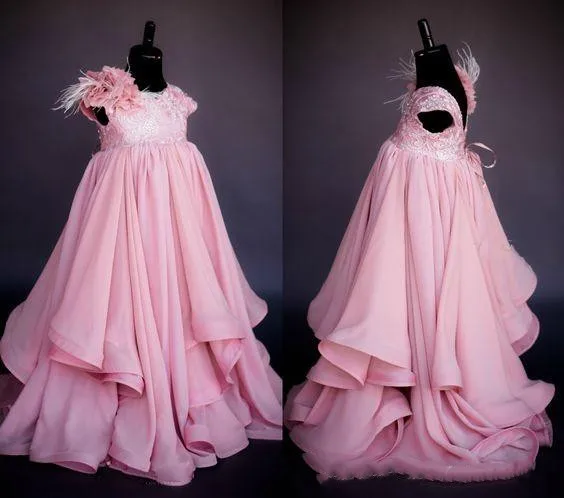 

Lovely Pink Princess Girls Pageant Dresses Crew Handmade Flower Chiffon Empire Flower Girl Dresses For Wedding Party Gown