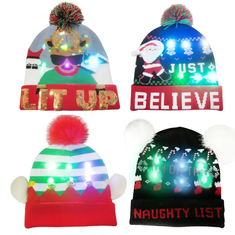 Светодиодная разноцветная блестящая детская вязаная шапка для мальчиков и