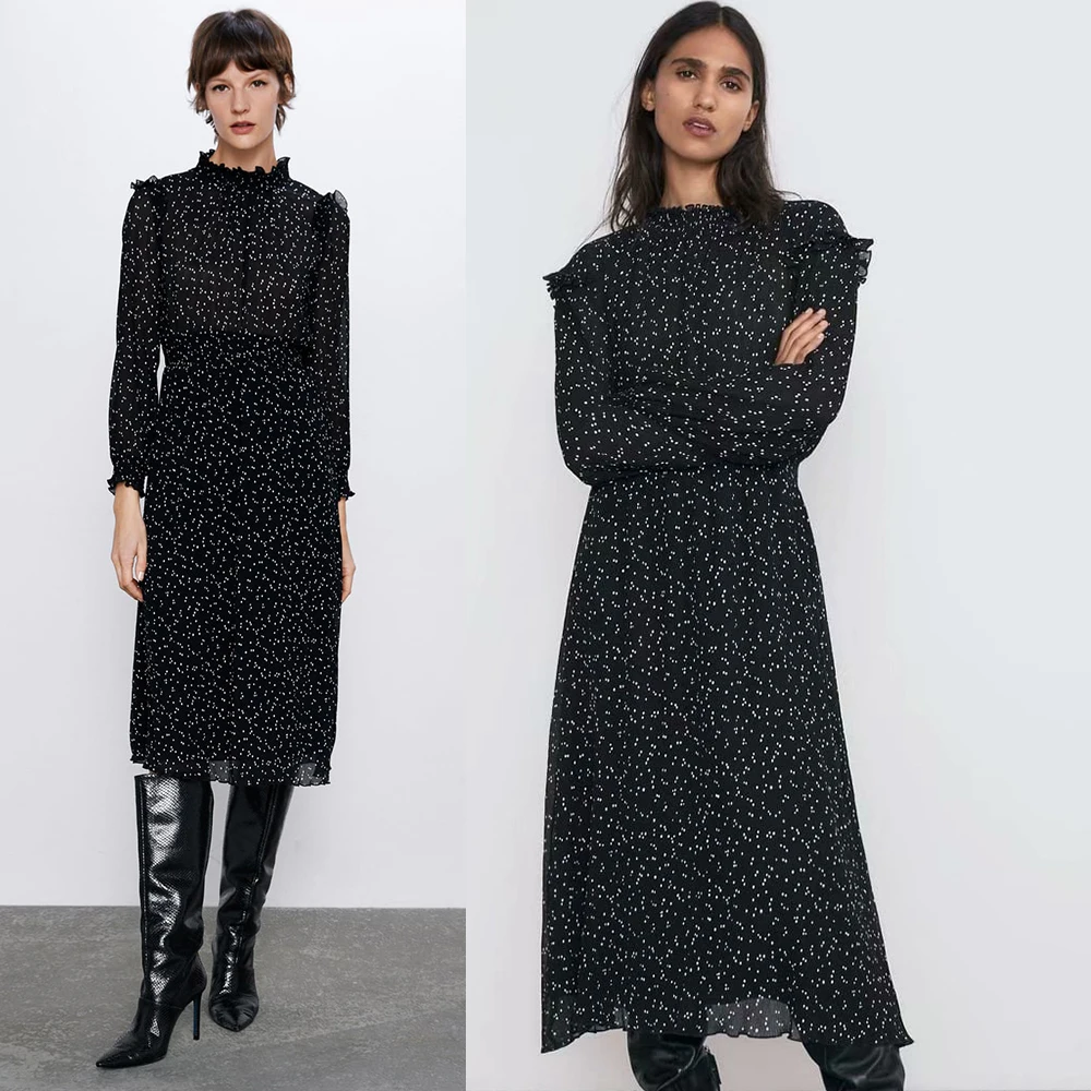 

Fashion ZA Dress Round Collar Loose Long Dress for Women Elegance Fall Fold Decoration Trendy Dot Printing Design Dress Party