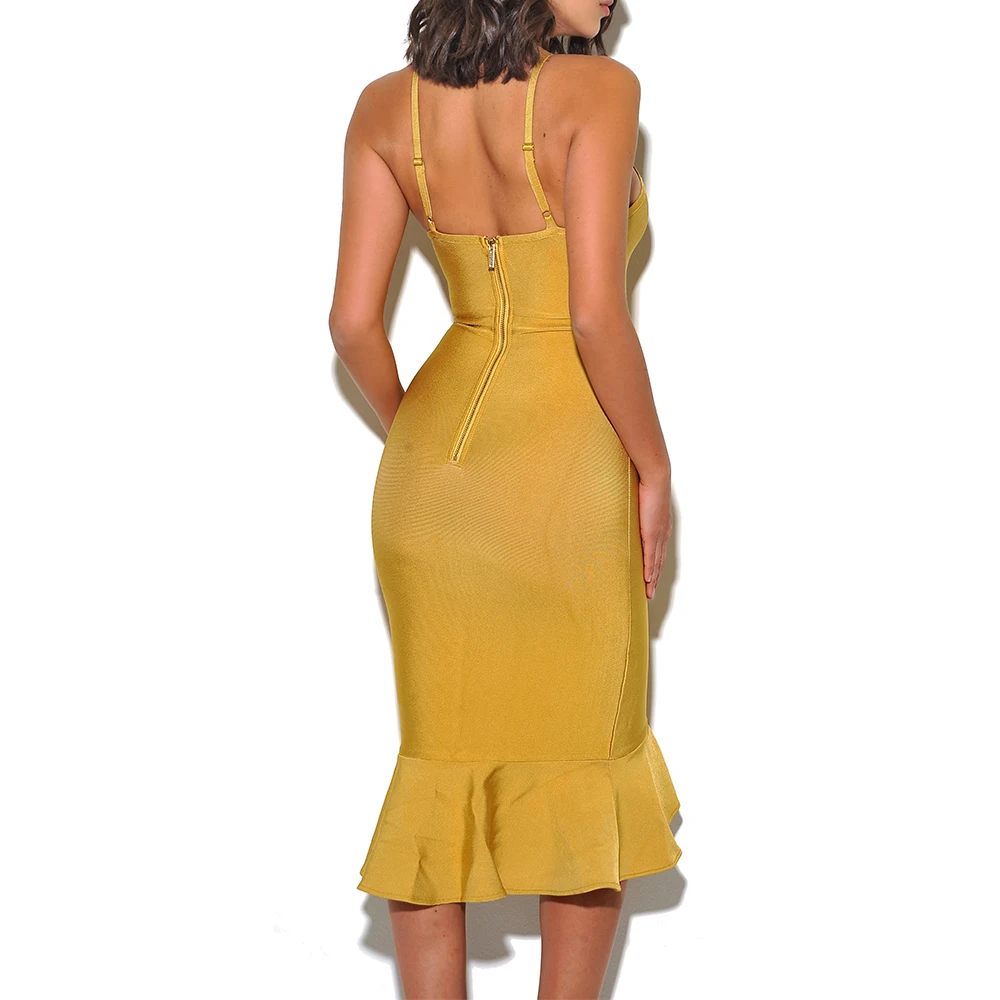 Бандажное платье-Русалка Vestido Midi, сексуальное Новое поступление, имбирное желтое вискозное женское платье без рукавов, облегающее платье для вечеринок