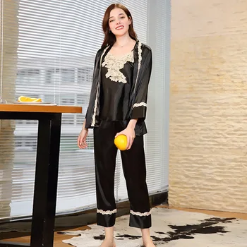 

Silk Long-sleeved Pajamas Women's Embroidery Sling Fun Three-piece Home Wear