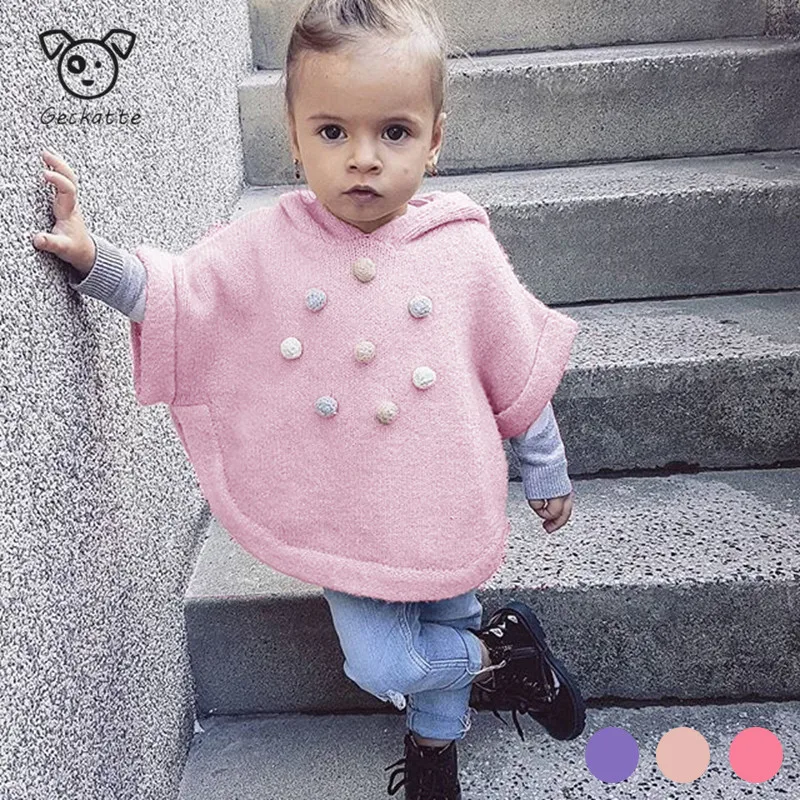 

Geckatte New Baby Girl Clothes Winter Clothes Solid Knitted Hairball Sweater Dress Baby Girls Sweaters Toddler Kids Sweaters