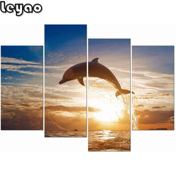 

diy 5d diamond painting full drill Happy jump Dolphin Big 4 Pieces Seascape Art Beach Scenery of Marine Animals Pictures