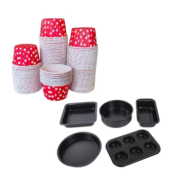 

100X Paper Cupcake Liner Muffin Baking Cups, Red Dot 6X4.2cm with 5 Pack Carbon Steel Nonstick Bakeware Baking Tray Set